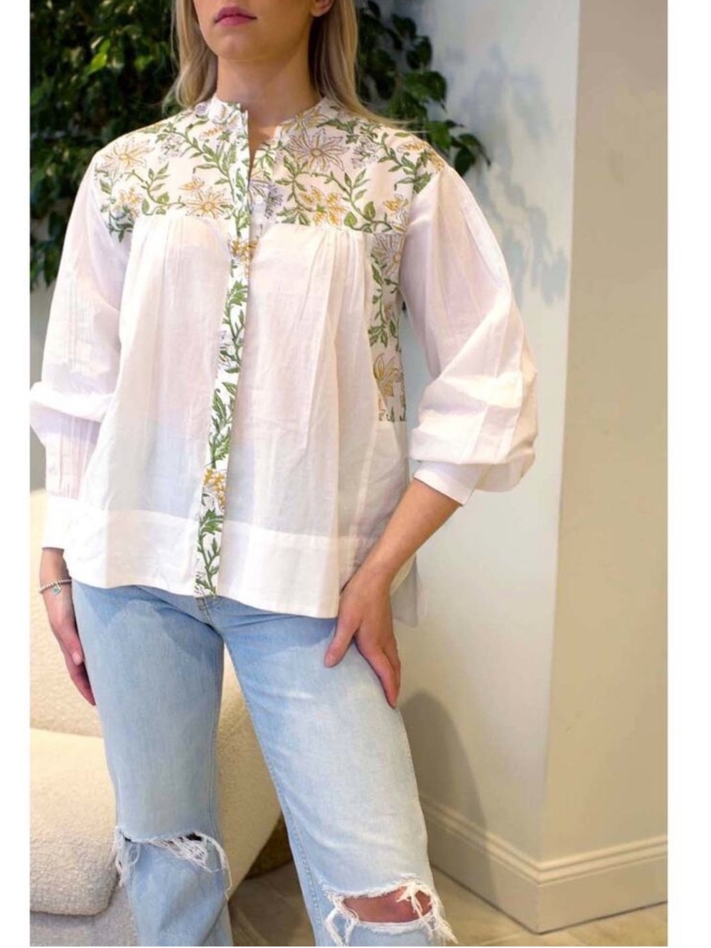 White Embroidered Cotton Blouse with Green & Yellow Floral Detail